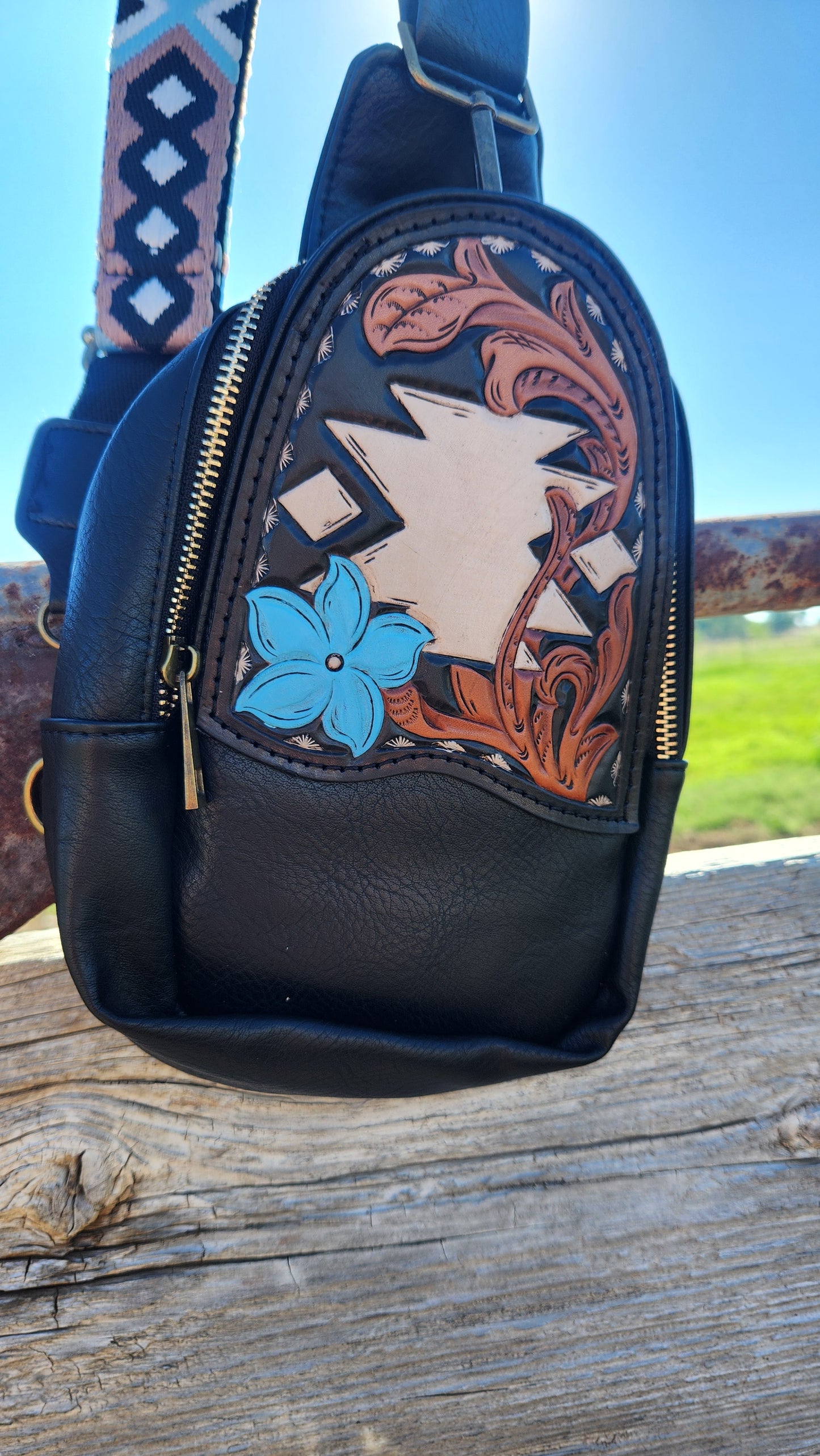 Black Tooled Leather Floral Aztec Slingbag