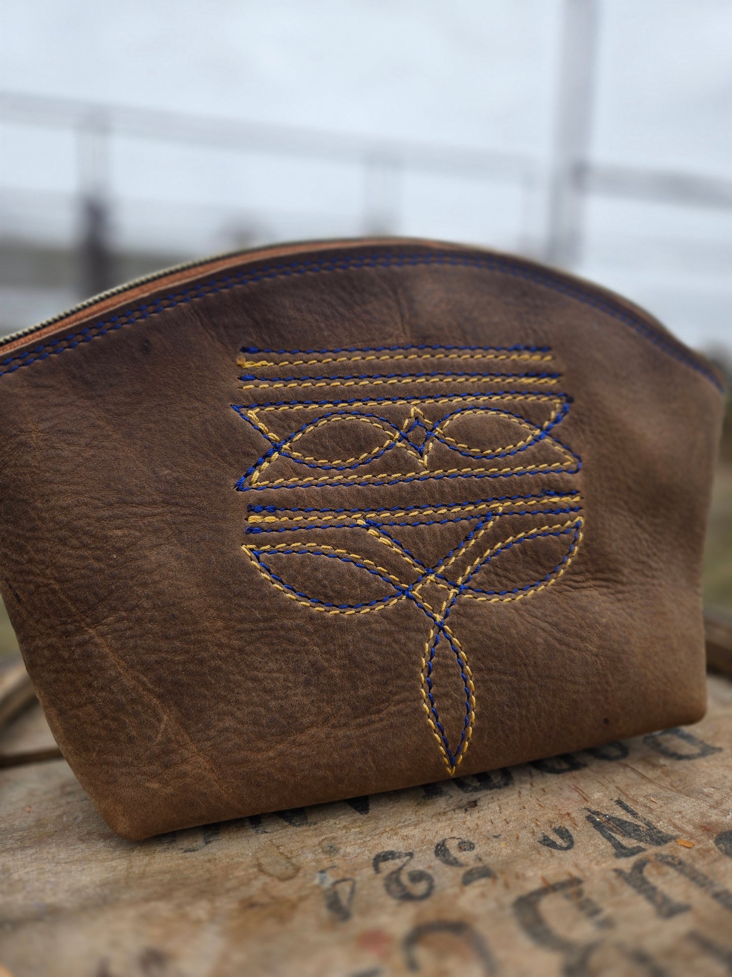 Blue & Yellow Boot Stitch Leather Makeup Bag
