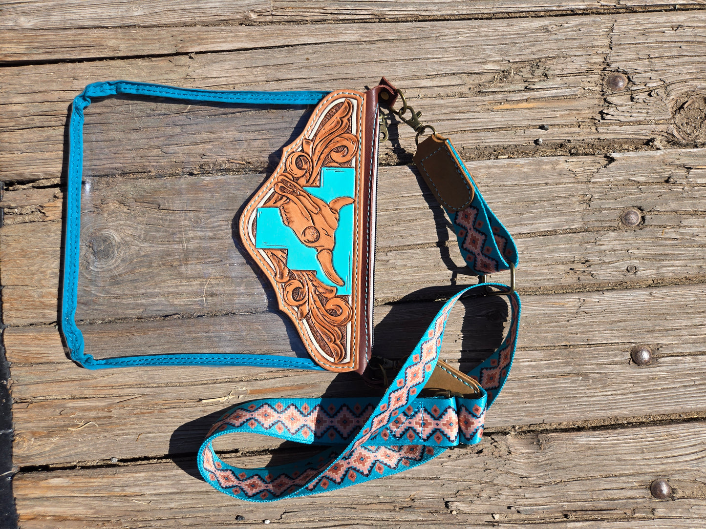 Turquoise Cow Skull Tooled Leather and Vinyl Stadium Purse