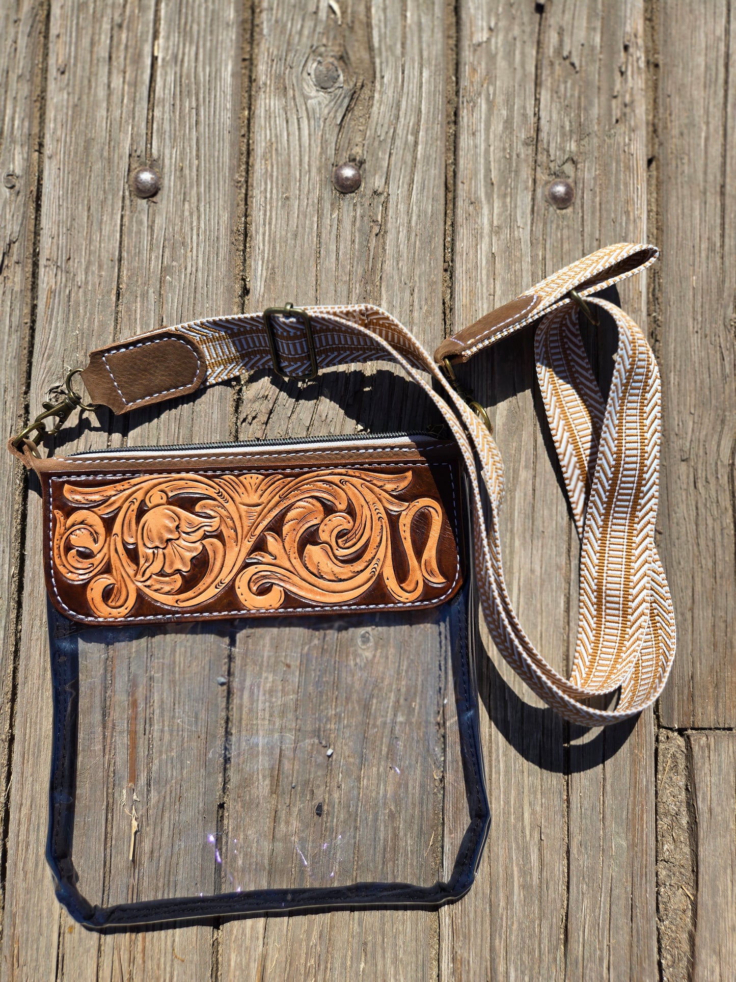 Brown Floral and Scroll Tooled Leather and Vinyl Stadium Purse