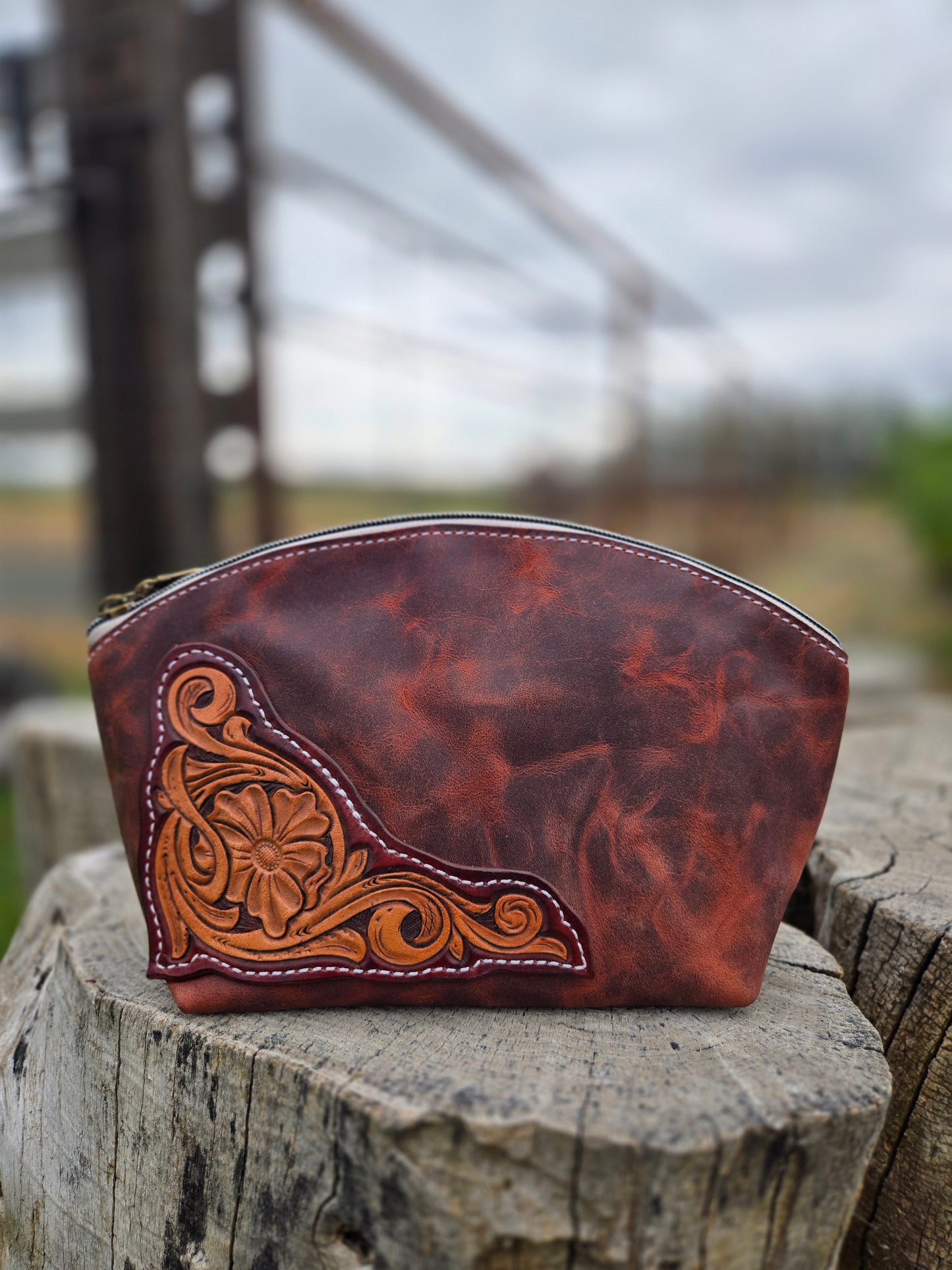 Red Crinkle Tooled Leather Makeup Bag