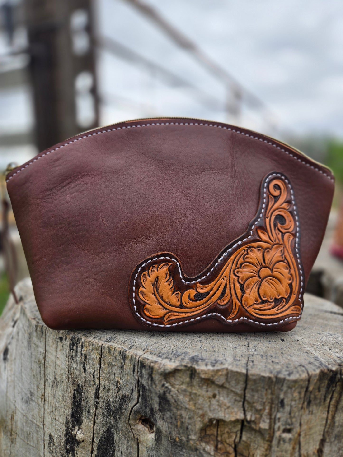 Dark Brown Tooled Leather Floral Makeup Bag