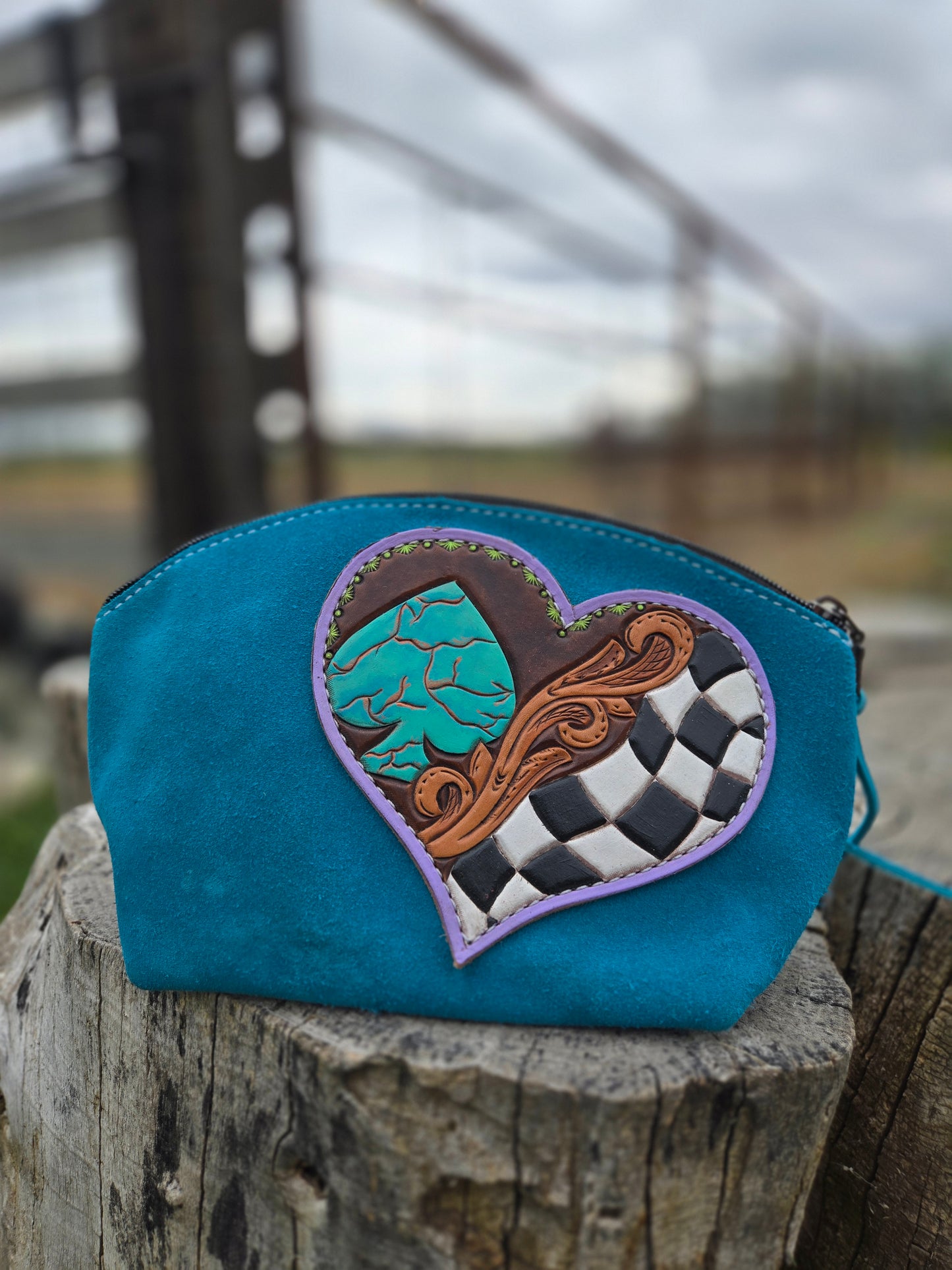 Turquoise Tooled Leather Floral Makeup Bag