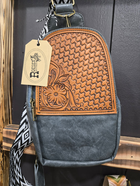 Gray Floral  and Basket Weave Slingbag