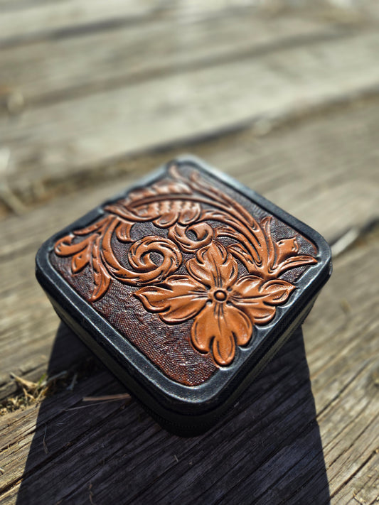 Floral and Vine Tooled Leather Jewelry Case