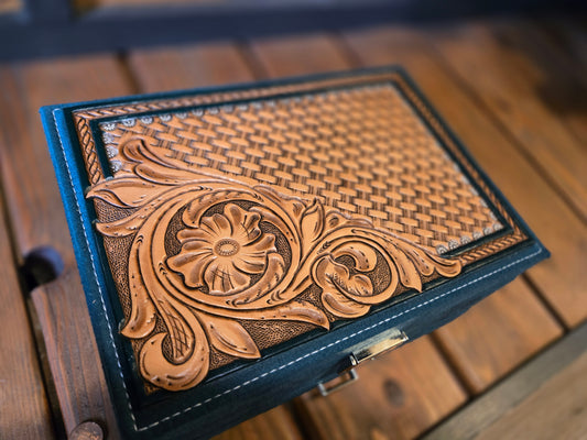 Dark Green Tooled Leather Jewelry Box
