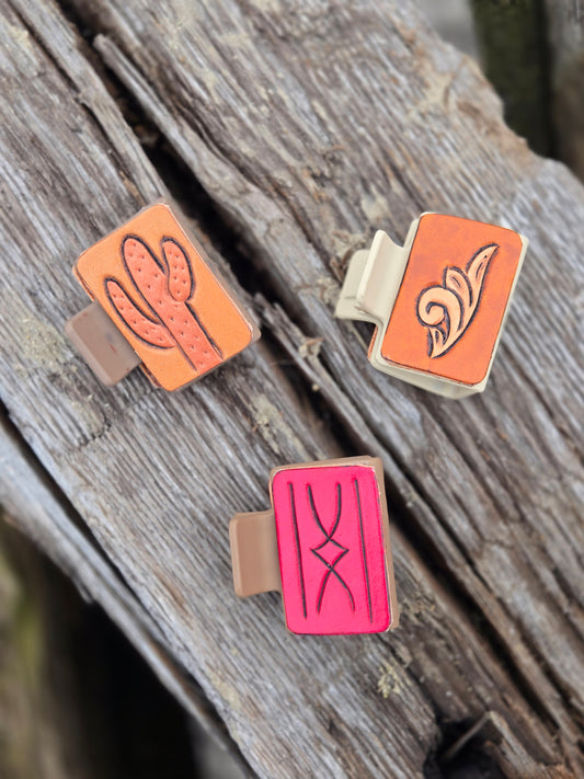 Small Tooled Leather Hair Clips