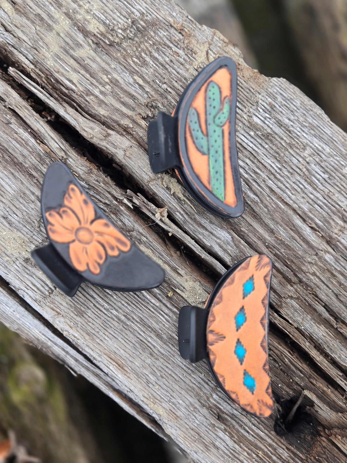 Medium Tooled Leather Hair Clips