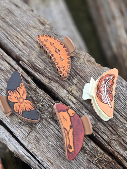 Medium Sized Tooled Leather Hair Clips