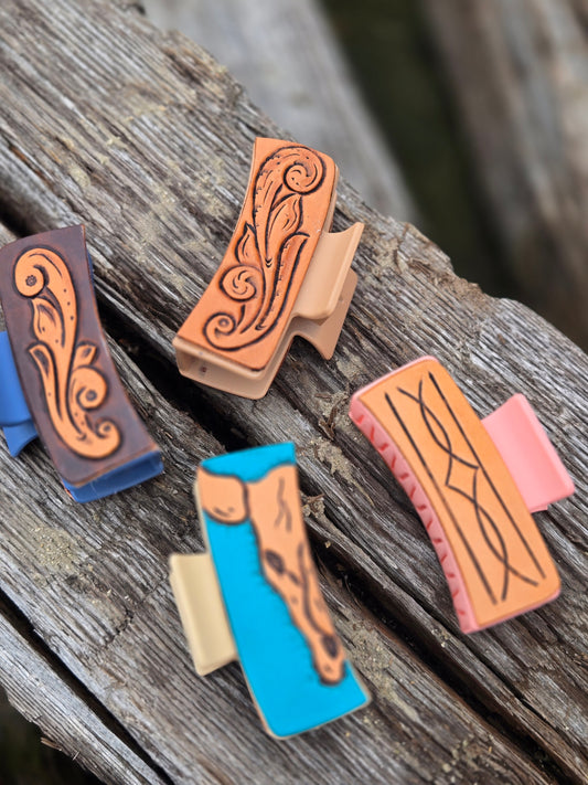 Medium Sized Tooled Leather Hair Clips