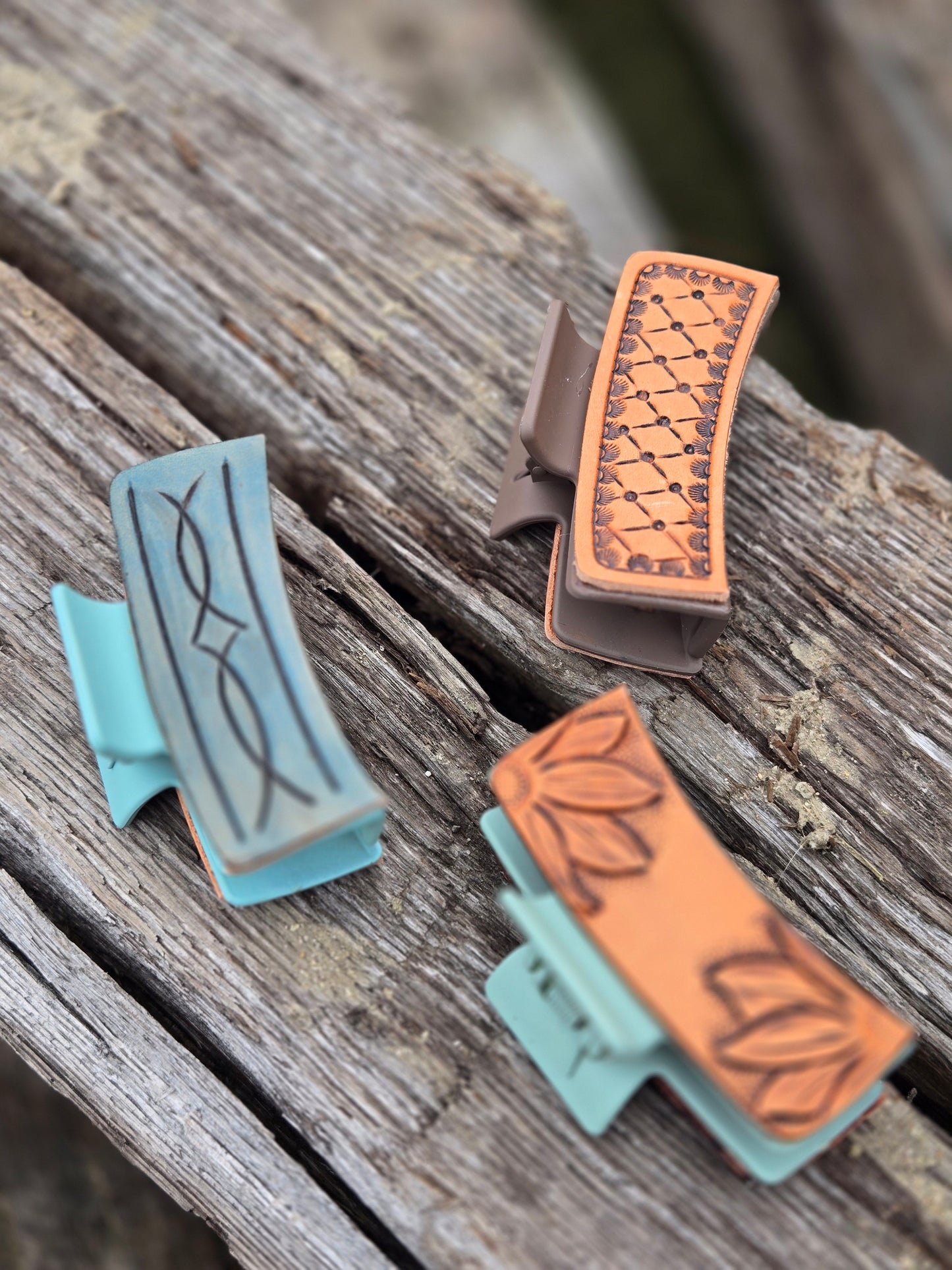 Medium Tooled Leather Hair Clips