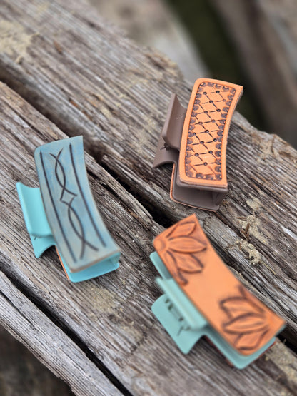 Medium Tooled Leather Hair Clips