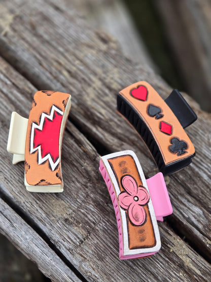 Medium Tooled Leather Hair Clips