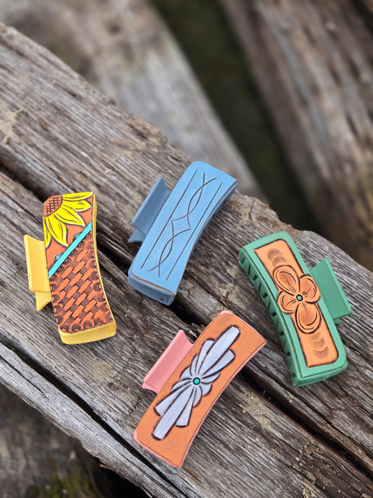 Large Tooled Leather Hair Clips