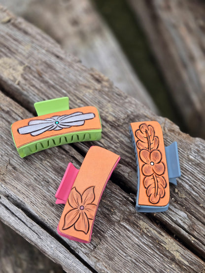 Large Tooled Leather Hair Clips