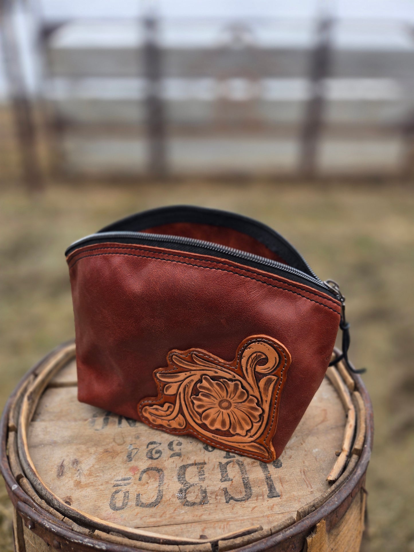 Tooled Leather Floral Makeup Bag