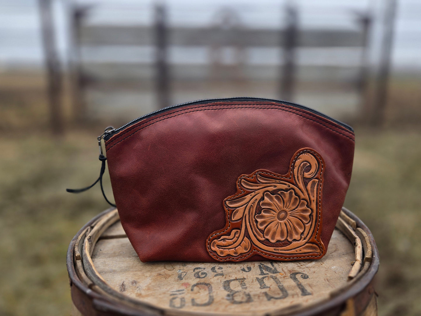 Tooled Leather Floral Makeup Bag