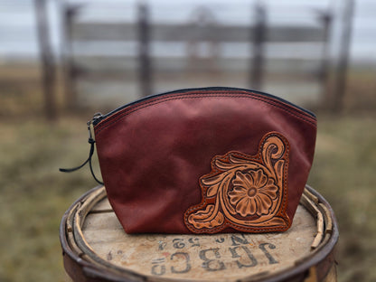 Tooled Leather Floral Makeup Bag