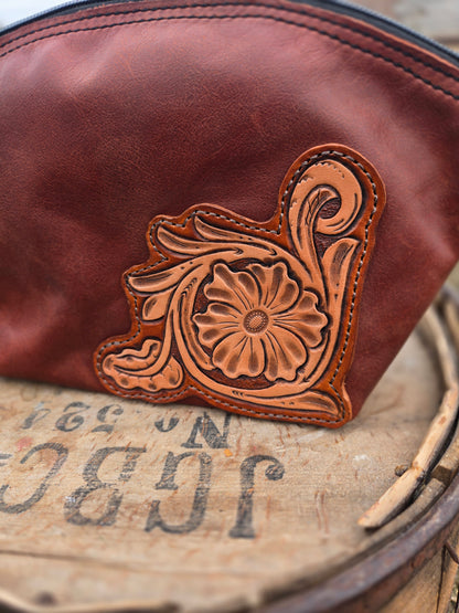 Tooled Leather Floral Makeup Bag