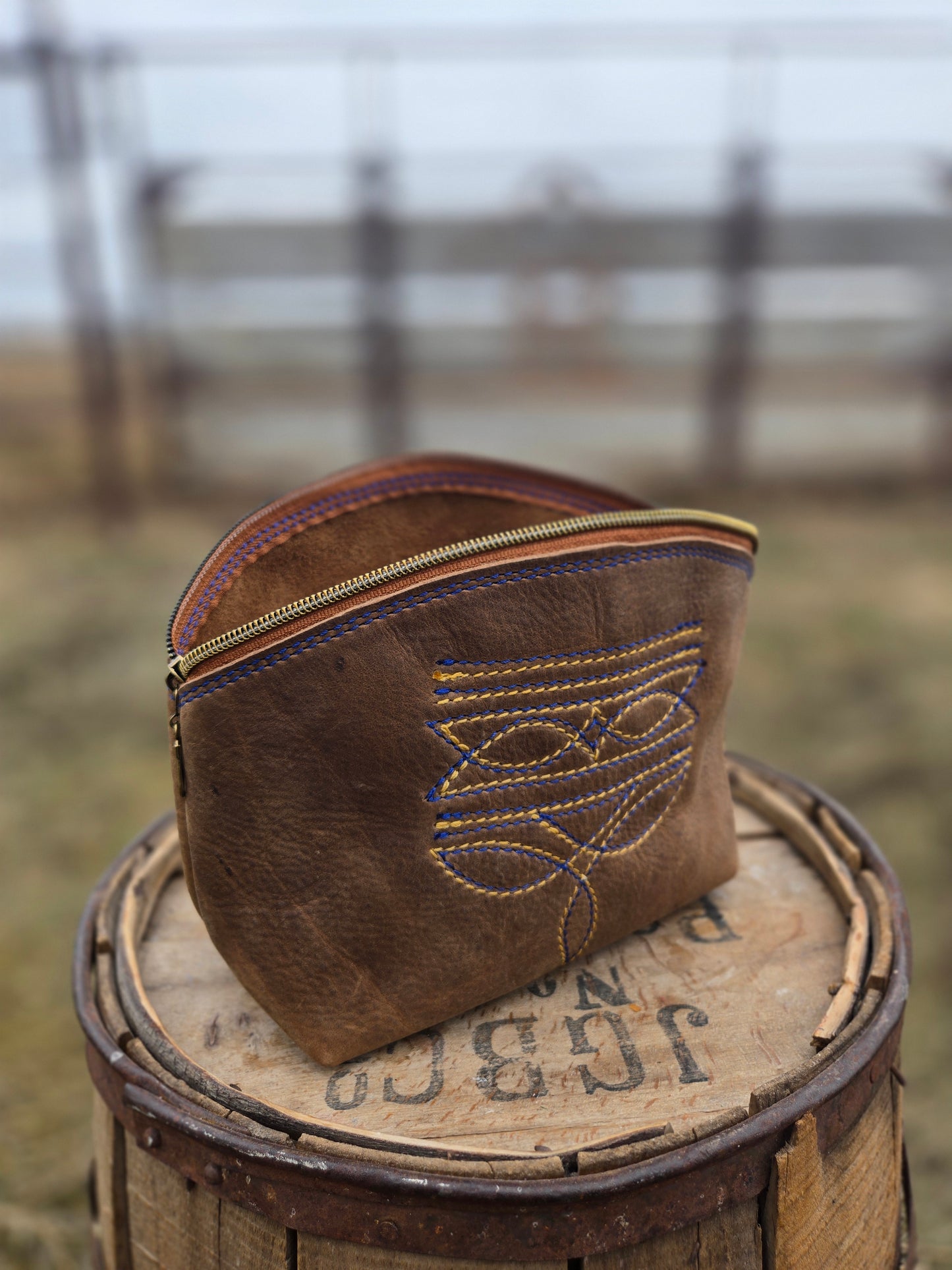 Blue & Yellow Boot Stitch Leather Makeup Bag