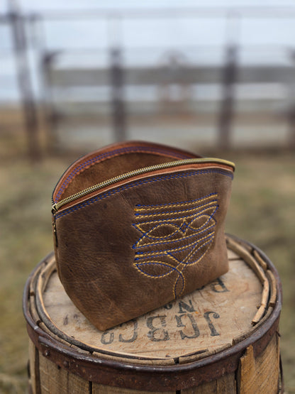 Blue & Yellow Boot Stitch Leather Makeup Bag