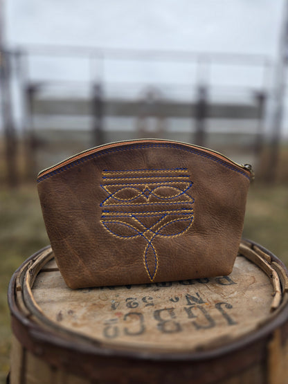 Blue & Yellow Boot Stitch Leather Makeup Bag