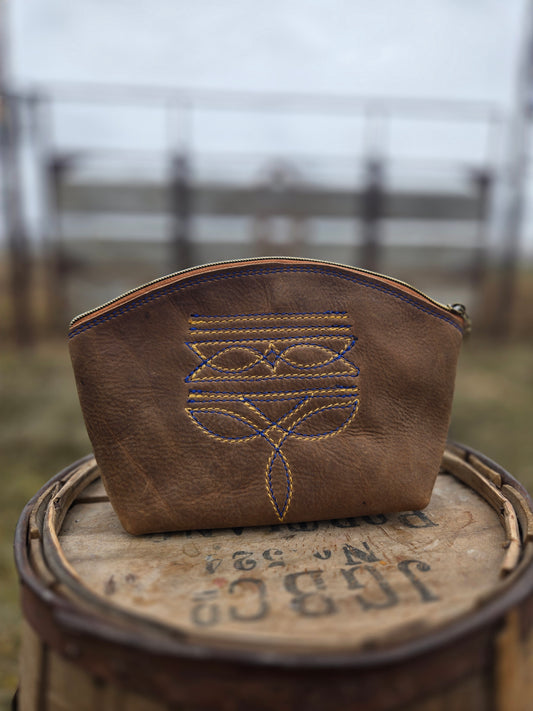 Blue & Yellow Boot Stitch Leather Makeup Bag