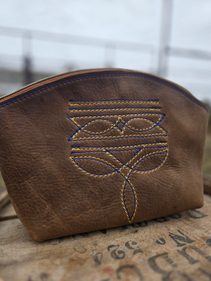 Blue & Yellow Boot Stitch Leather Makeup Bag