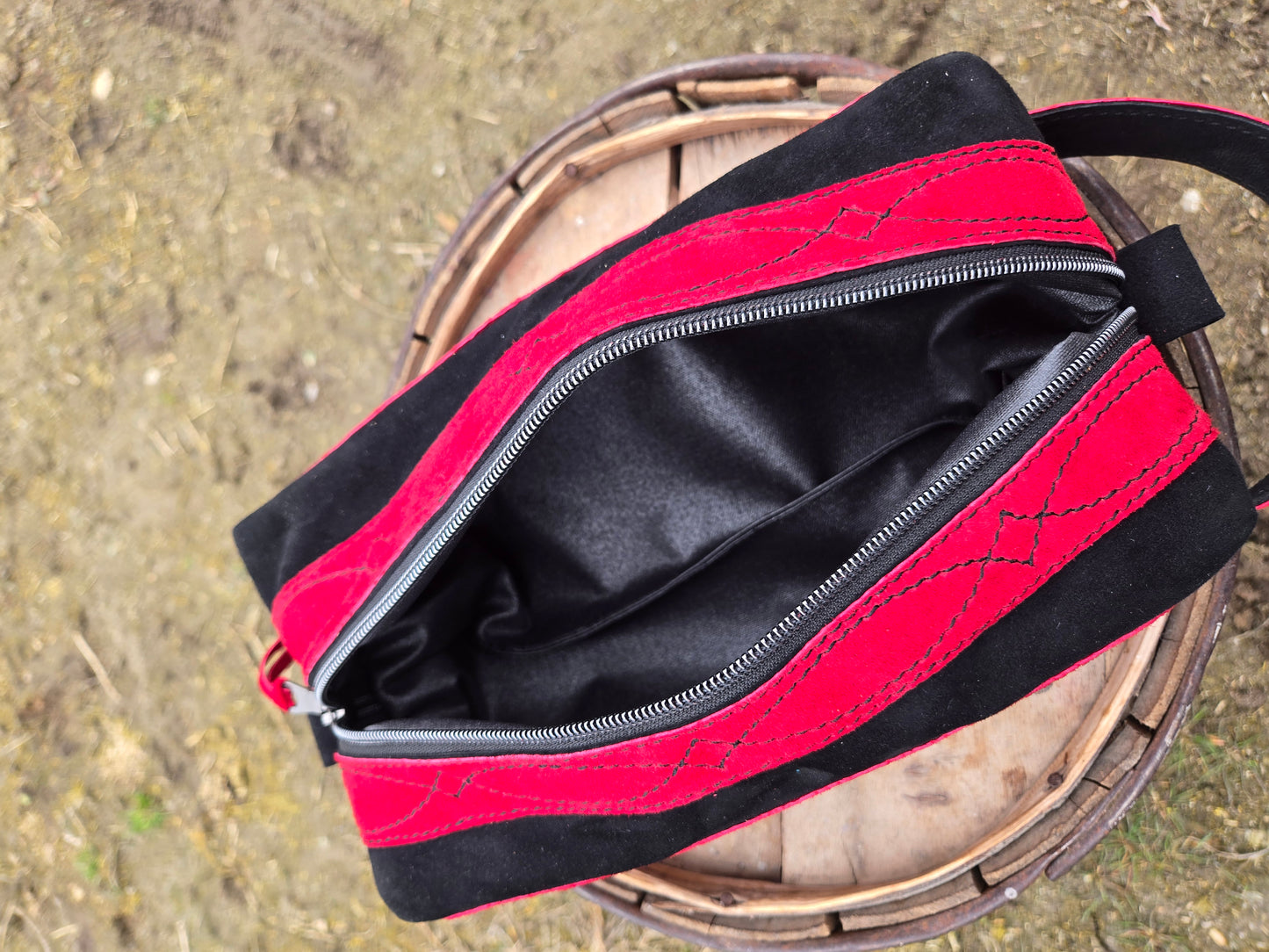 Red And Black Stitched Leather Shave Bag