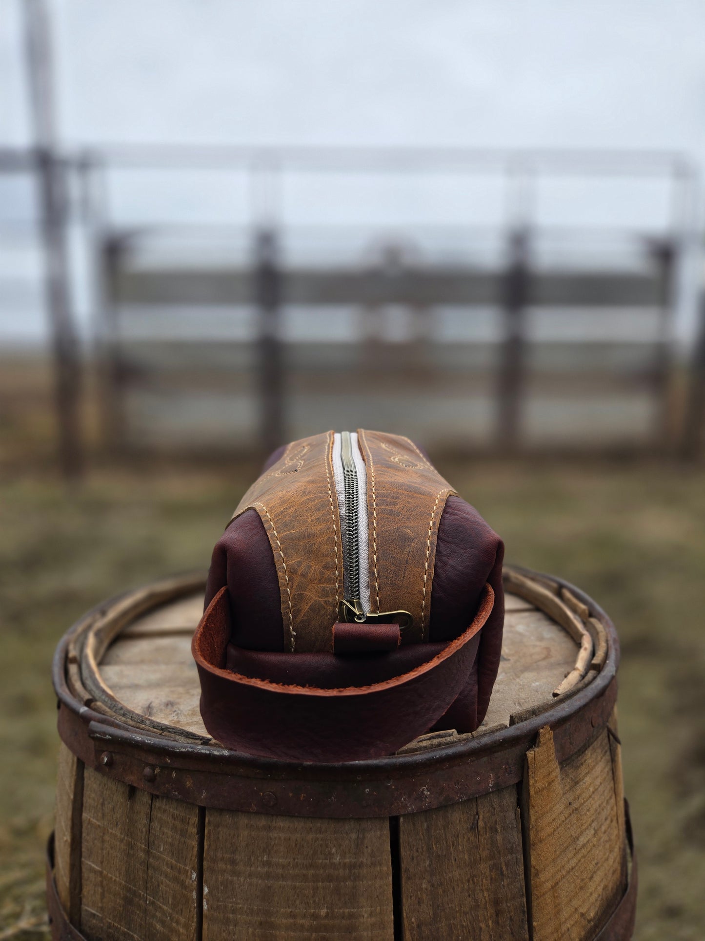 Burgundy Stitched Leather Shave Bag