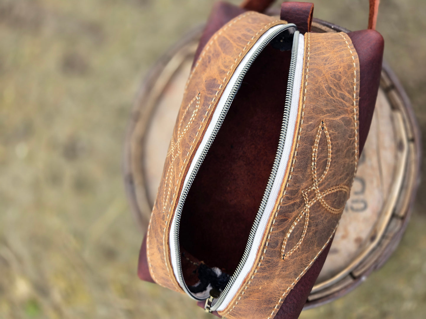 Burgundy Stitched Leather Shave Bag