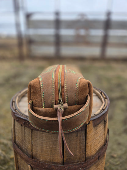 Green Stitched Leather Shave Bag