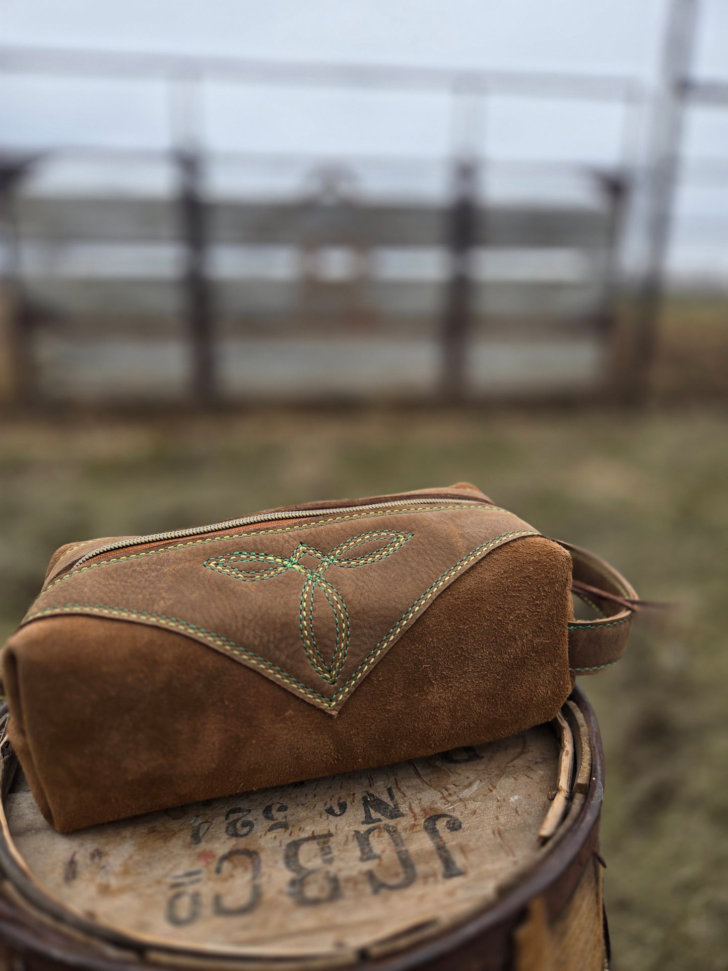 Green Stitched Leather Shave Bag