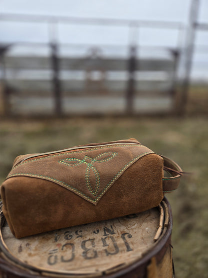 Green Stitched Leather Shave Bag