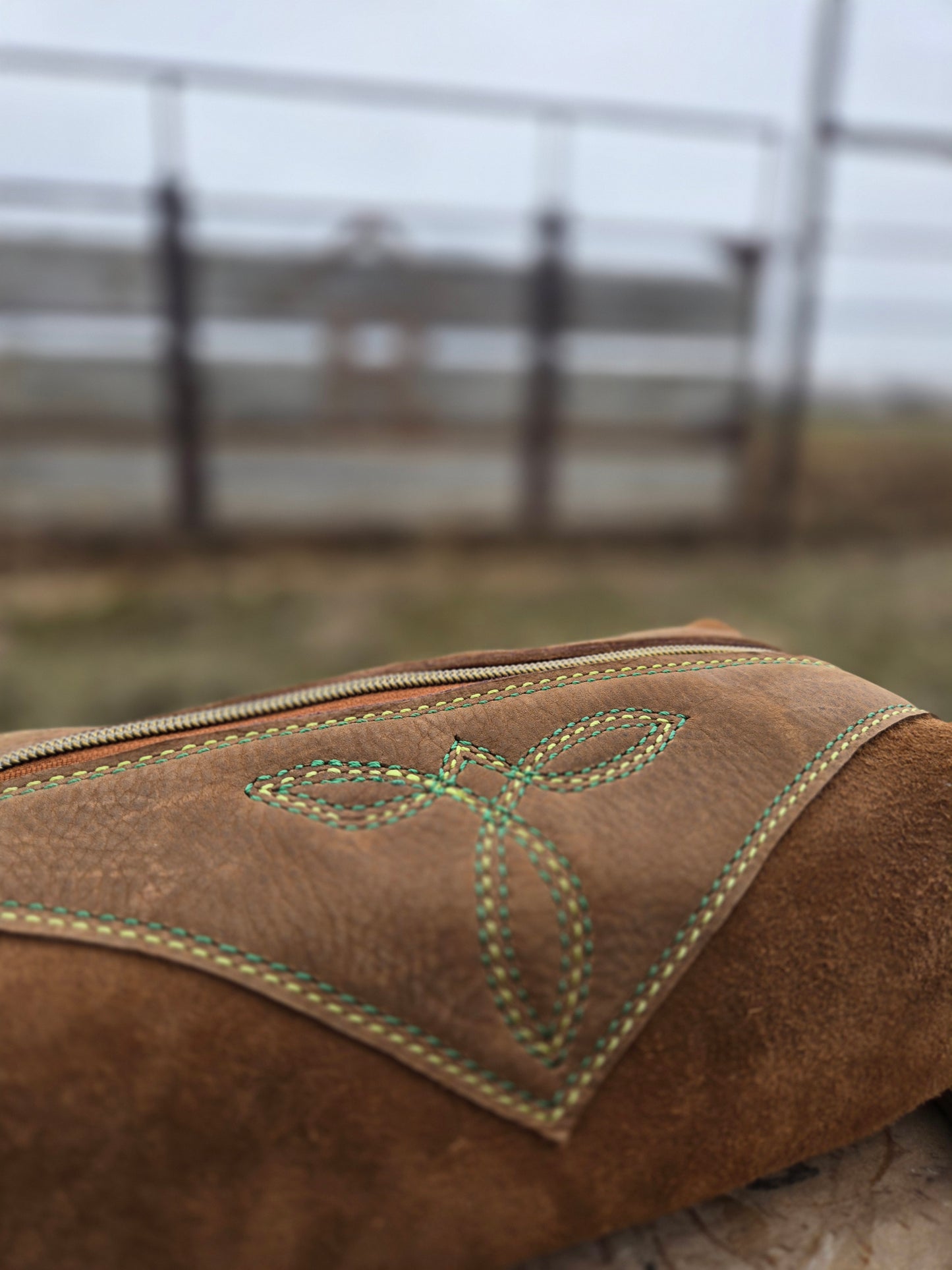 Green Stitched Leather Shave Bag