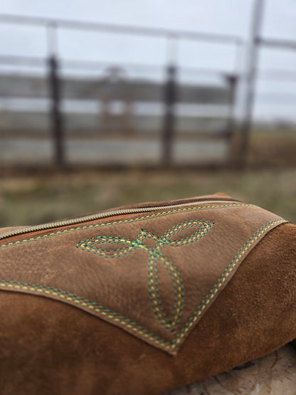 Green Stitched Leather Shave Bag