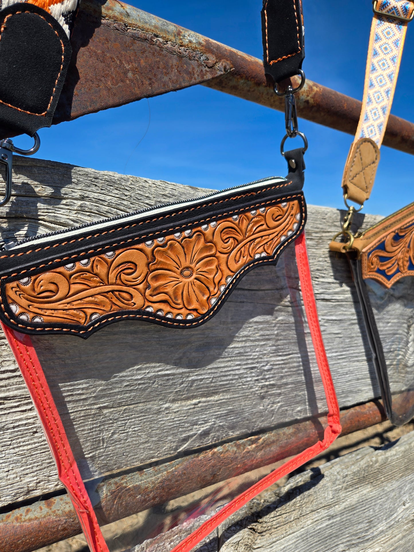 Black Floral Tooled Leather and Vinyl Stadium Purse