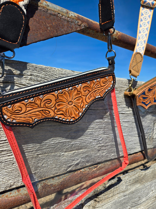 Black Floral Tooled Leather and Vinyl Stadium Purse