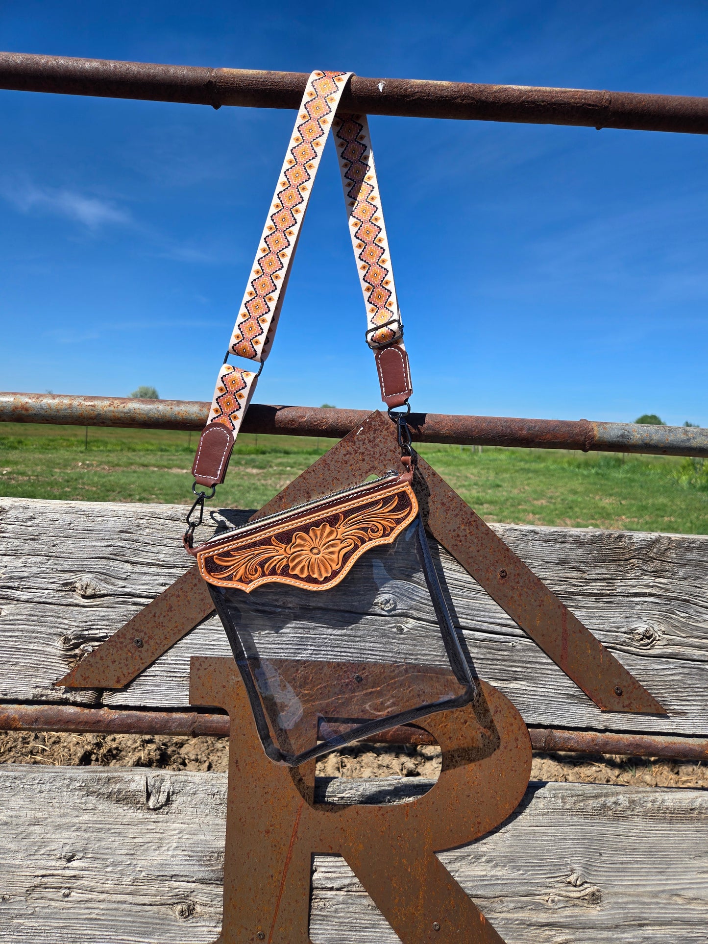 Brown Floral Tooled Leather and Vinyl Stadium Purse