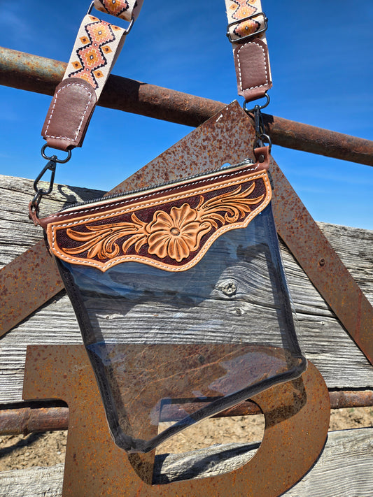 Brown Floral Tooled Leather and Vinyl Stadium Purse