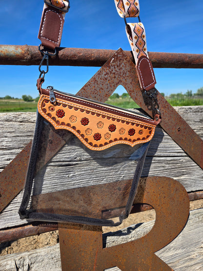 Brown Floral Tooled Leather and Vinyl Stadium Purse
