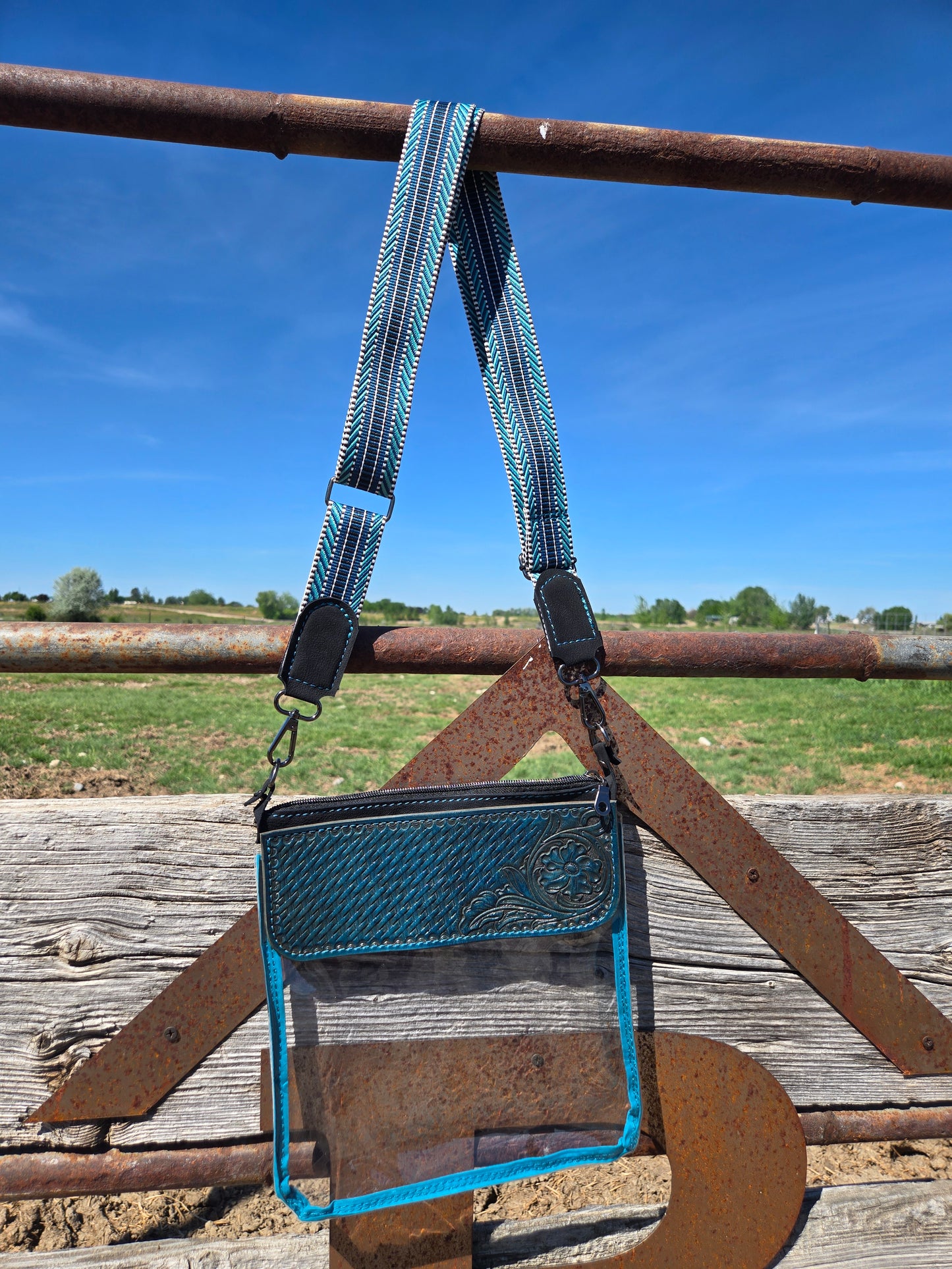 Teal Floral and Basket Stamp Tooled Leather and Vinyl Stadium Purse
