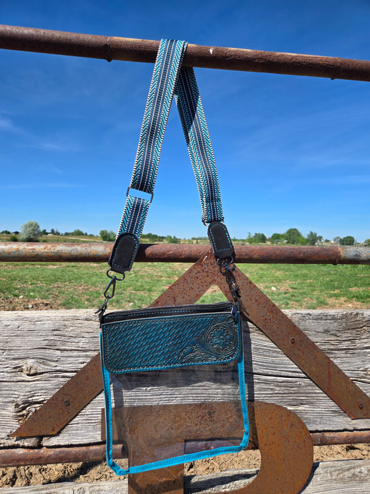 Teal Floral and Basket Stamp Tooled Leather and Vinyl Stadium Purse