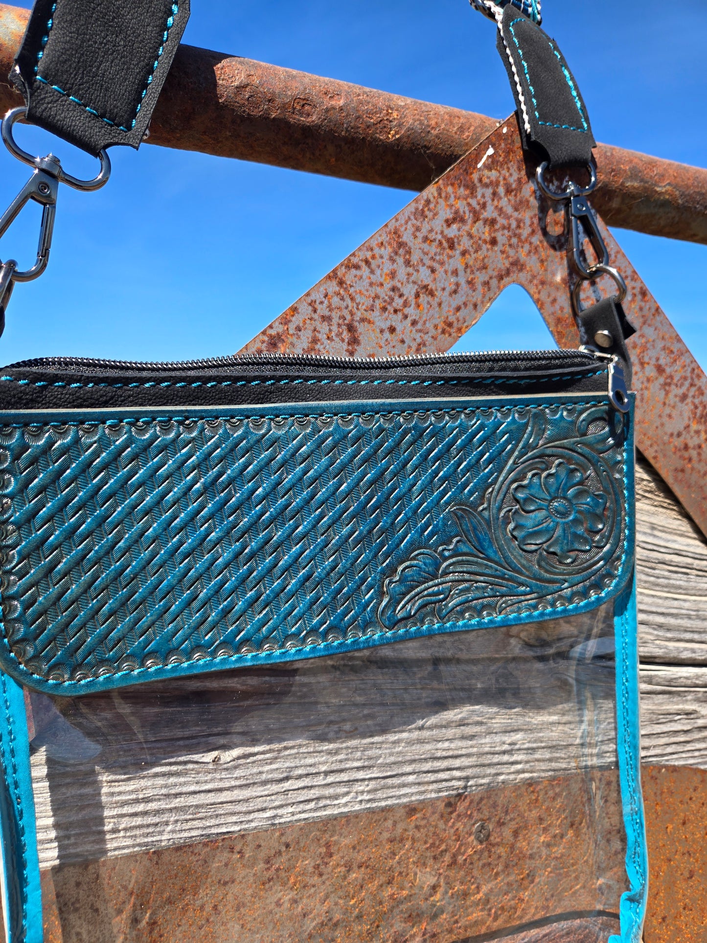 Teal Floral and Basket Stamp Tooled Leather and Vinyl Stadium Purse