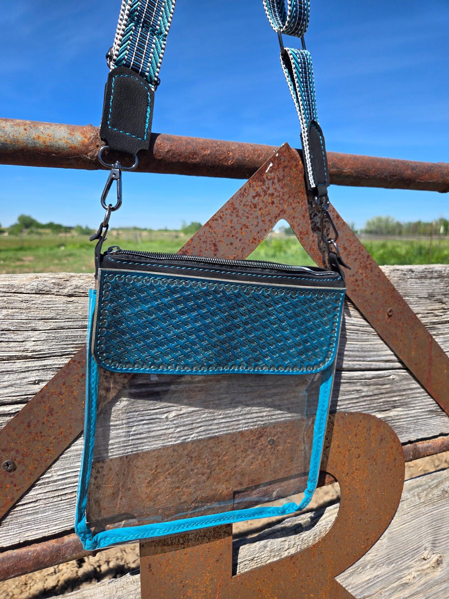 Teal Floral and Basket Stamp Tooled Leather and Vinyl Stadium Purse