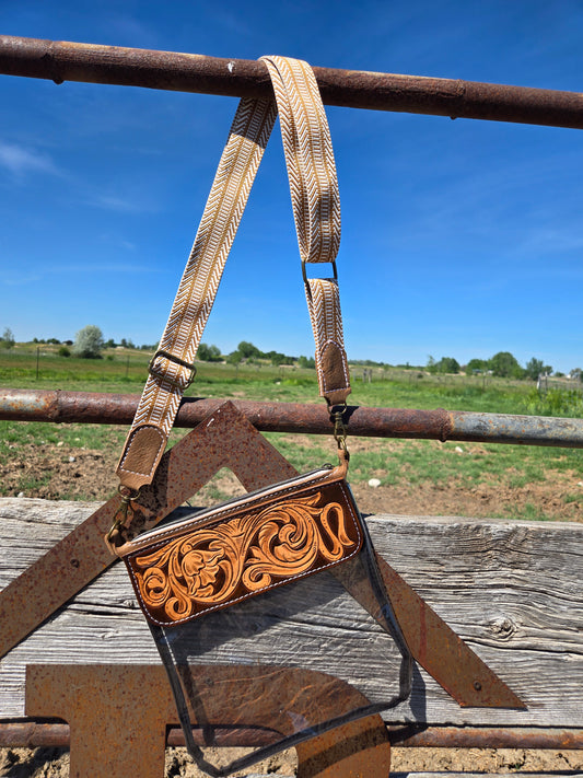 Brown Floral and Scroll Tooled Leather and Vinyl Stadium Purse