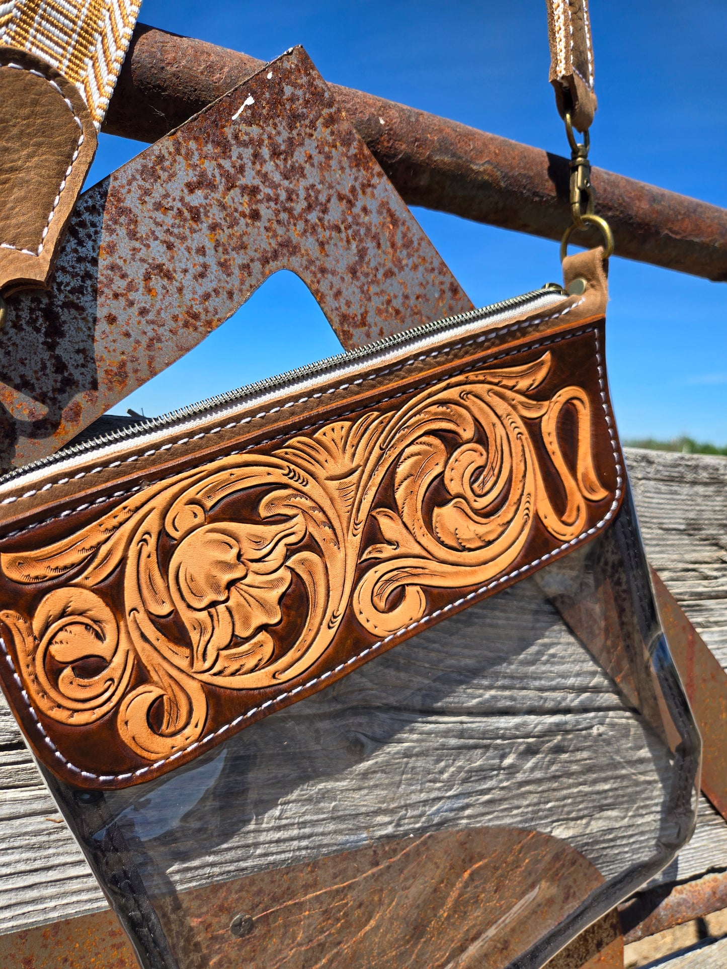 Brown Floral and Scroll Tooled Leather and Vinyl Stadium Purse