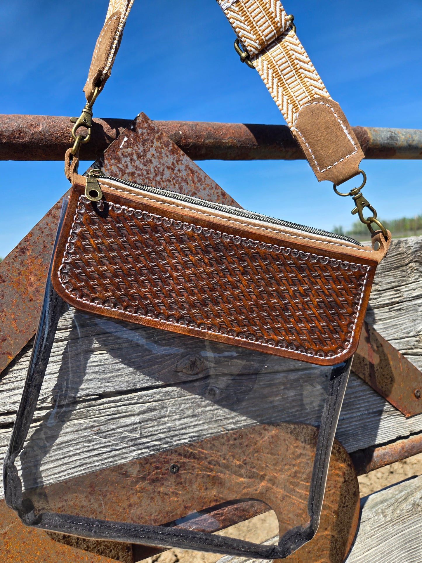 Brown Floral and Scroll Tooled Leather and Vinyl Stadium Purse