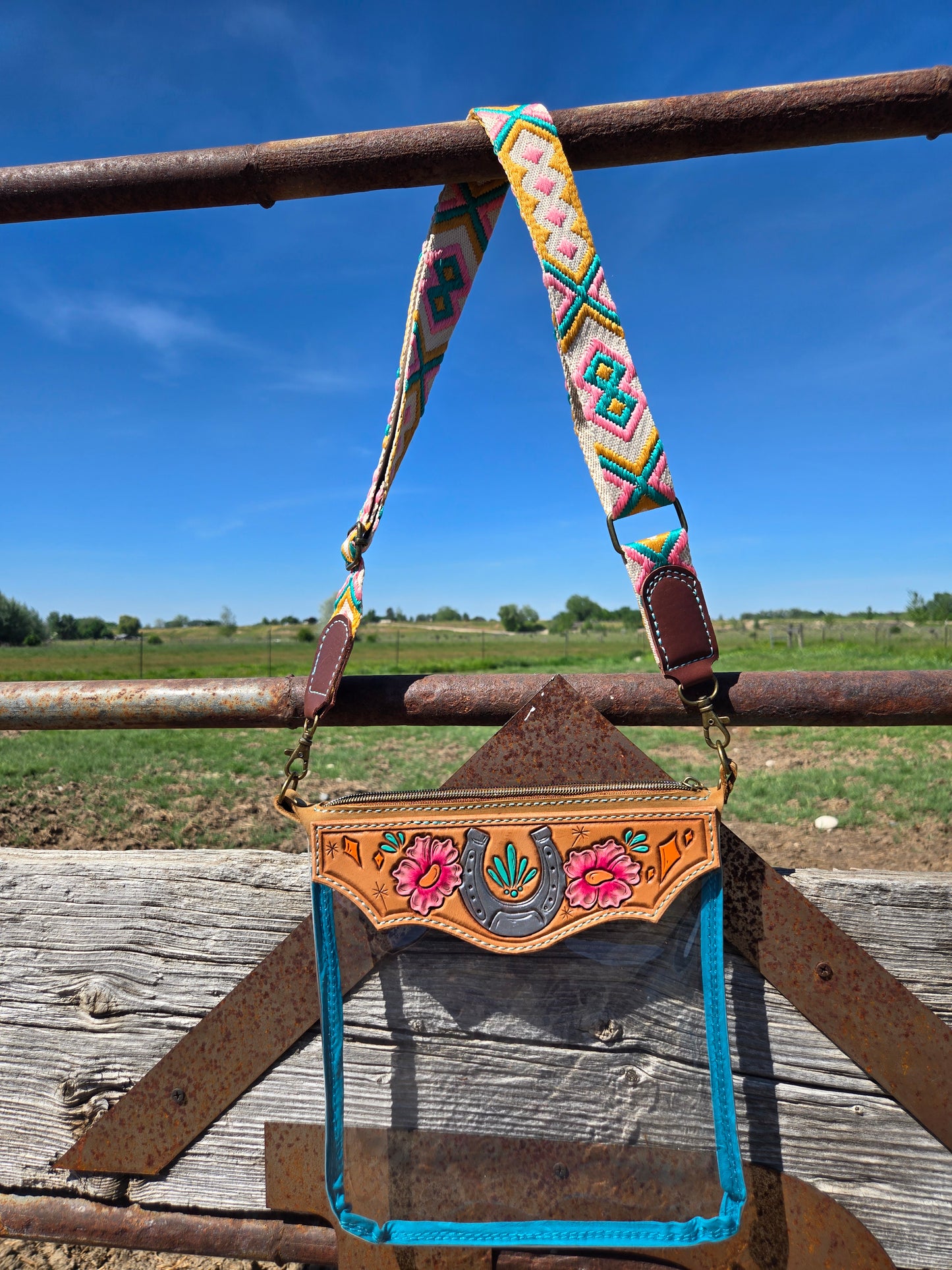 Horseshoe Tooled Leather and Vinyl Stadium Purse