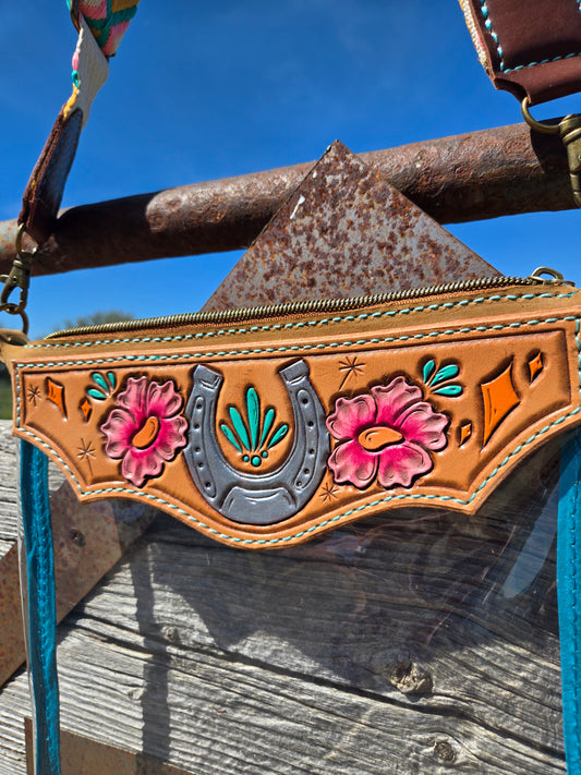 Horseshoe Tooled Leather and Vinyl Stadium Purse
